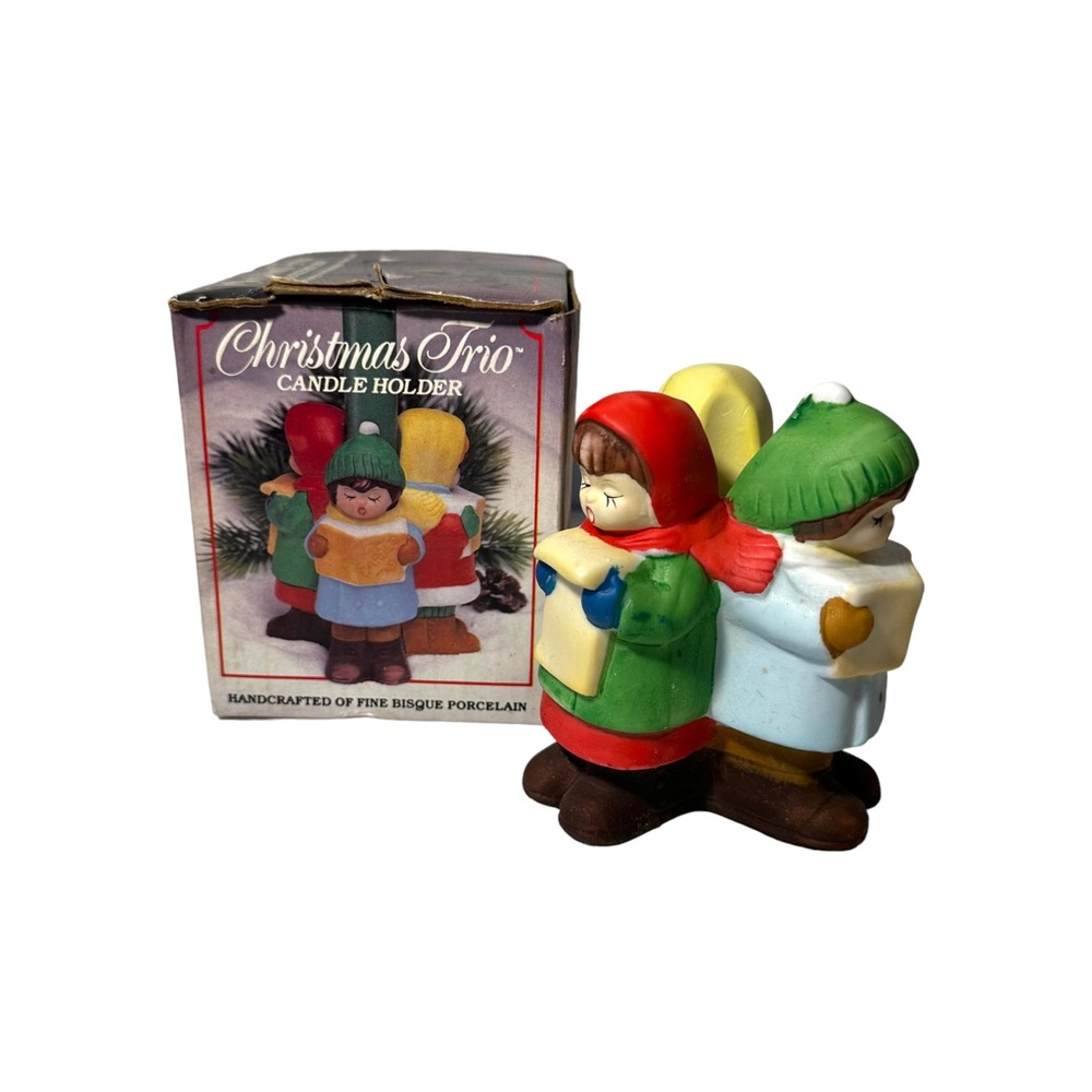 Christmas Trio Candle Holder Carolers Holiday Decor Fine Bisque Porcelain